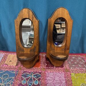 Vintage Rustic Wooden Wall Oval Mirror w/ Shelf - Dark Brown- 2